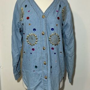 Vintage Blue Creek Jeans Embellished Denim Jacket with Colorful Accents